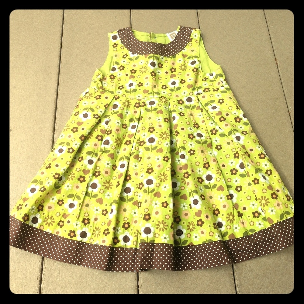 Green/brown flower/polkadot toddler dress